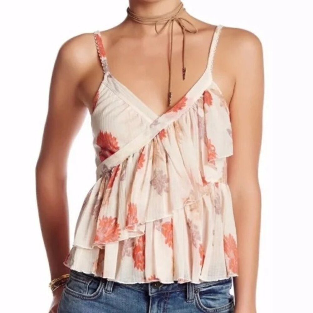 Free People Melbourne Ruffle Ribbed Tank Top Sz L | Boho Chic‎ Layering Basic